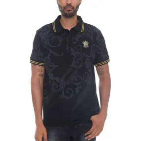 Italian Print Black Collared Polo Shirt