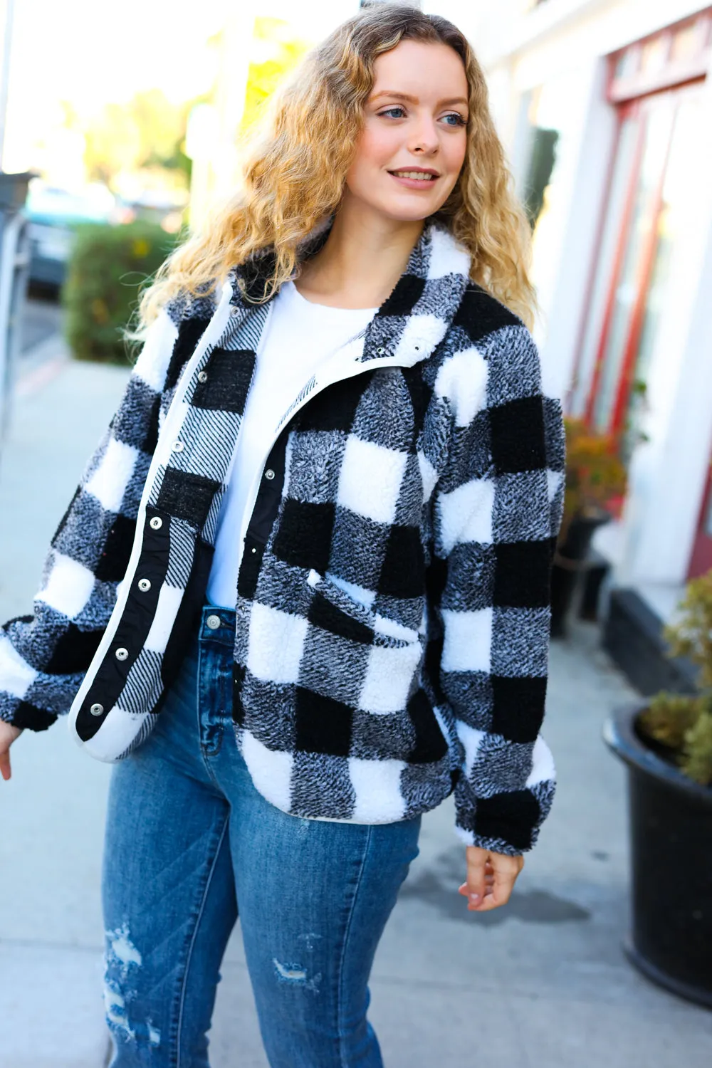 It's Your Best Black & Ivory Plaid Sherpa Button Down Jacket