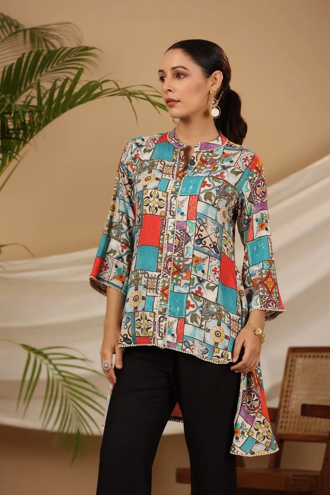 Jashvi Blue Rayon Ethnic Motif Printed High-Lacy Mandarin Collar Women Tunic