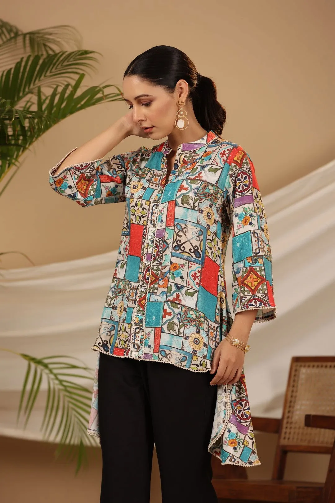 Jashvi Blue Rayon Ethnic Motif Printed High-Lacy Mandarin Collar Women Tunic