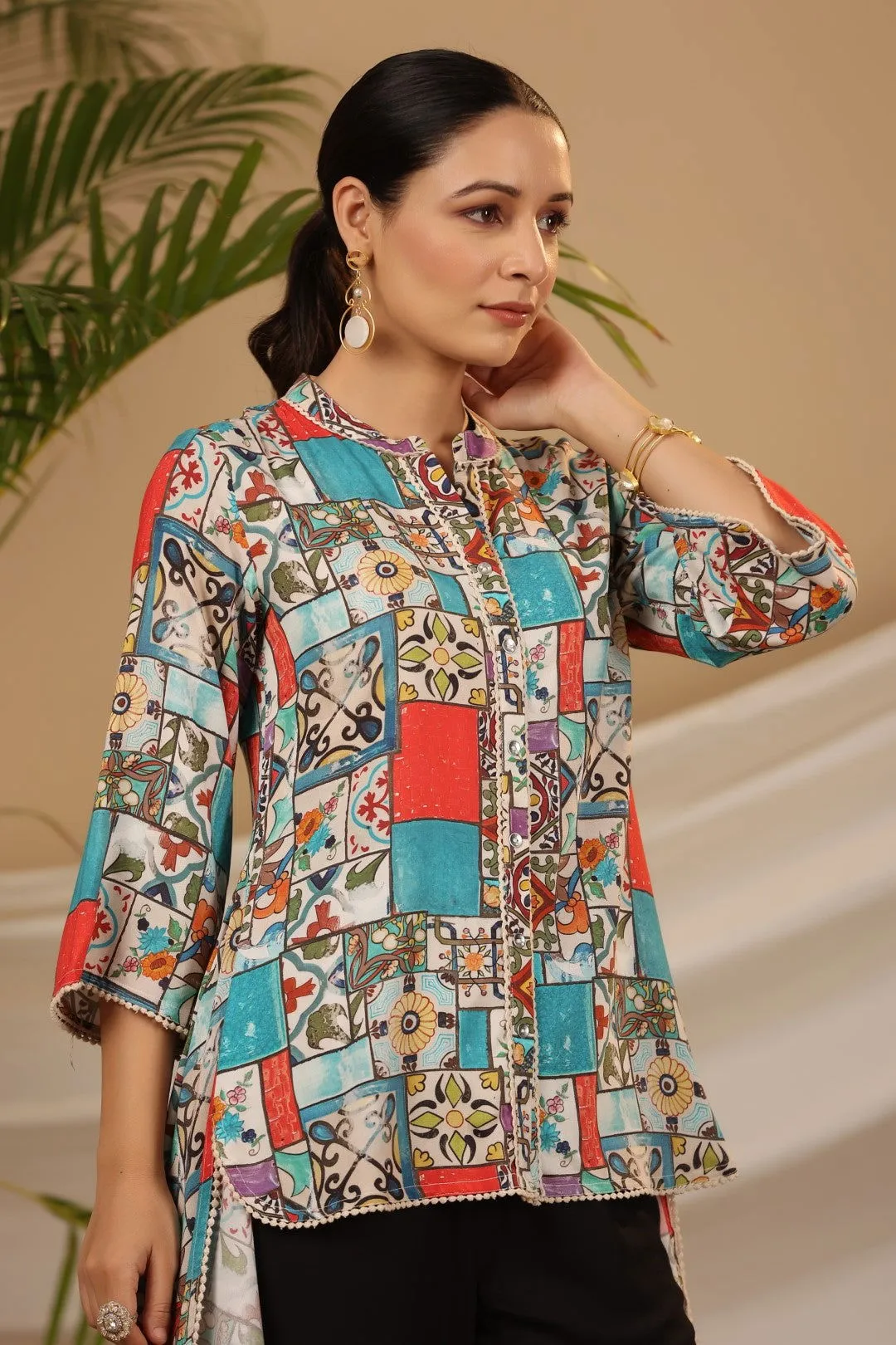 Jashvi Blue Rayon Ethnic Motif Printed High-Lacy Mandarin Collar Women Tunic