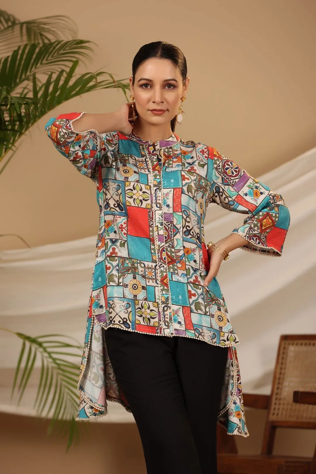 Jashvi Blue Rayon Ethnic Motif Printed High-Lacy Mandarin Collar Women Tunic