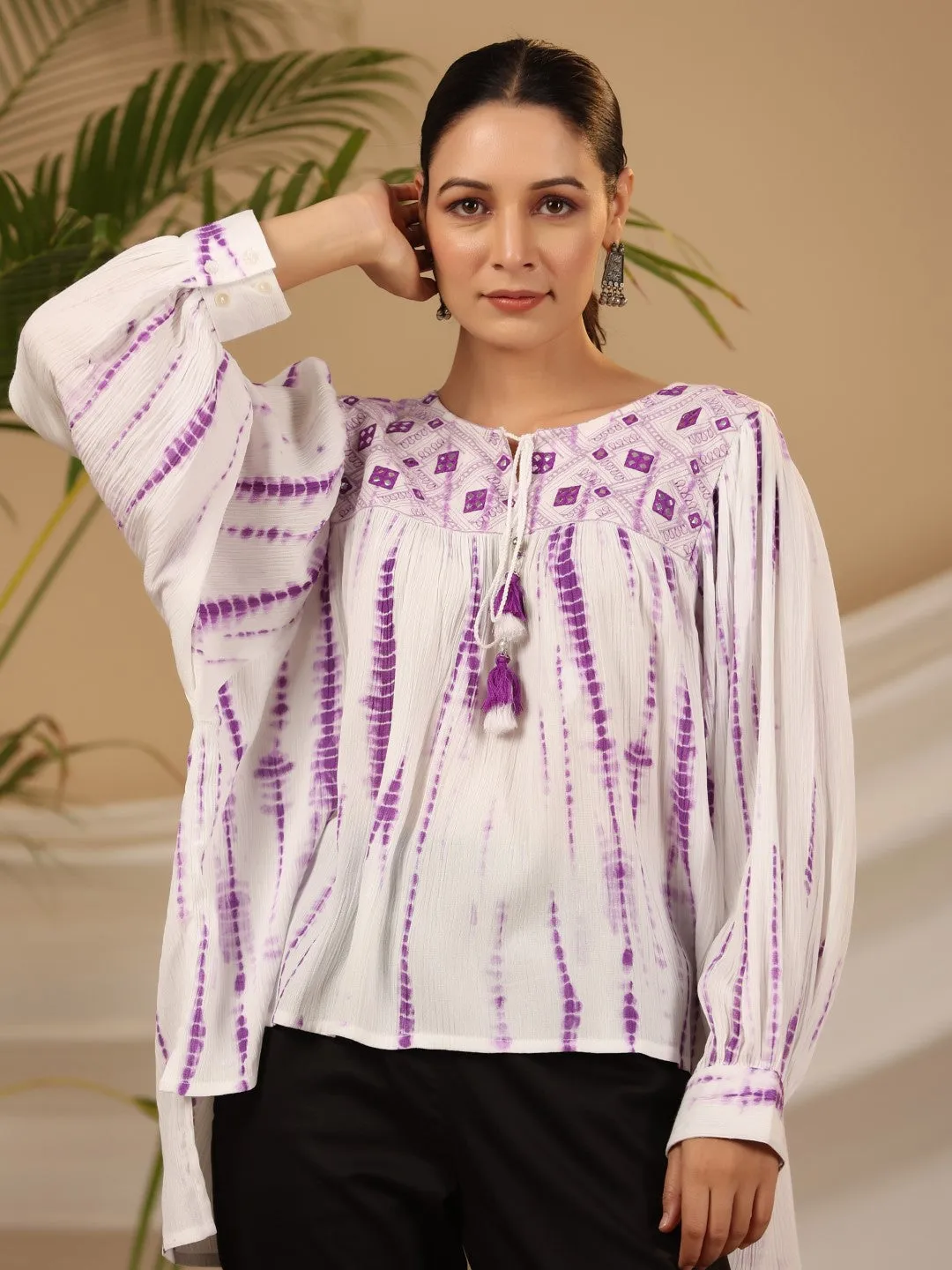 Jashvi Lavender Mirror Embroidered Rayon Crepe Tie-Dye Tunic With Tassels