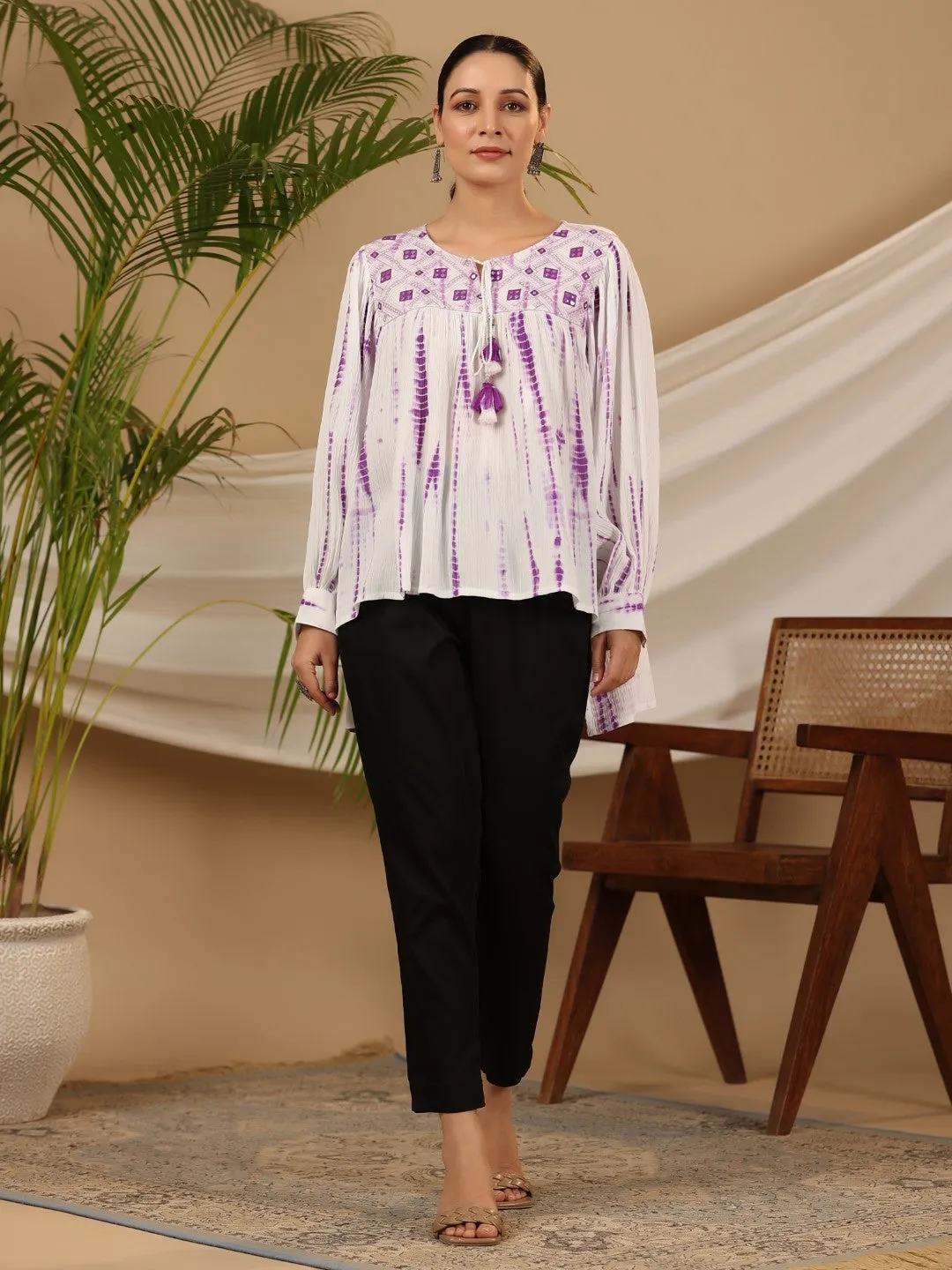 Jashvi Lavender Mirror Embroidered Rayon Crepe Tie-Dye Tunic With Tassels