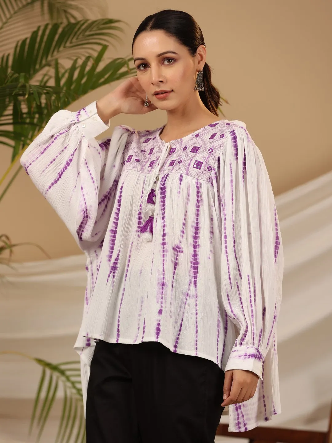 Jashvi Lavender Mirror Embroidered Rayon Crepe Tie-Dye Tunic With Tassels