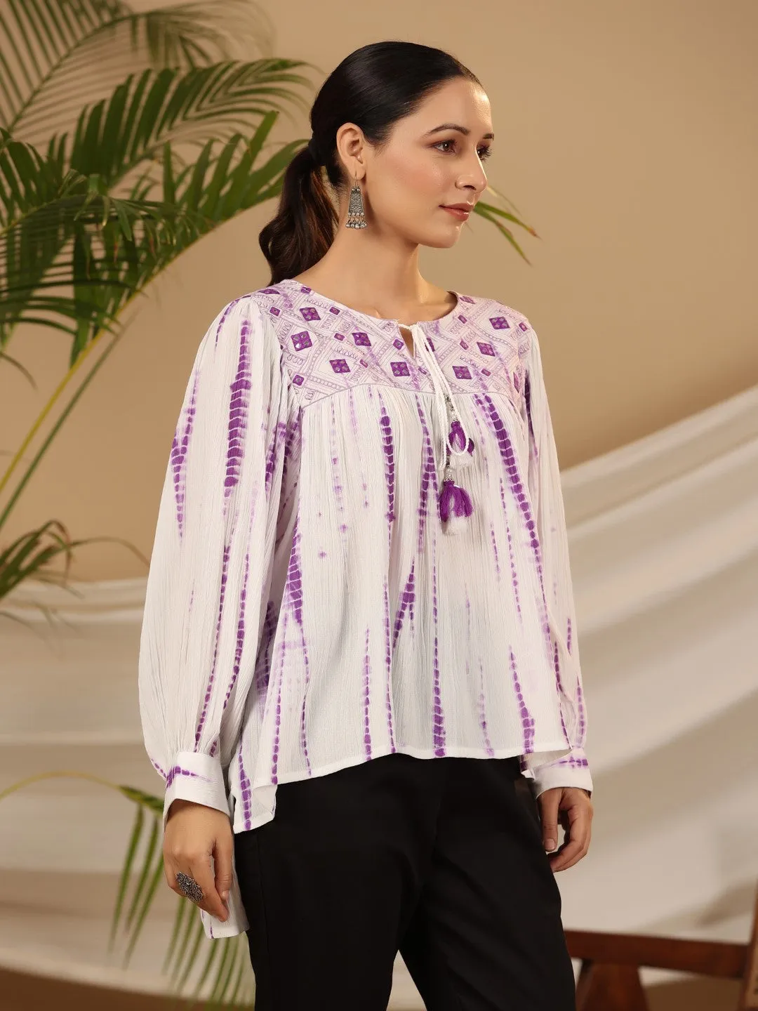 Jashvi Lavender Mirror Embroidered Rayon Crepe Tie-Dye Tunic With Tassels