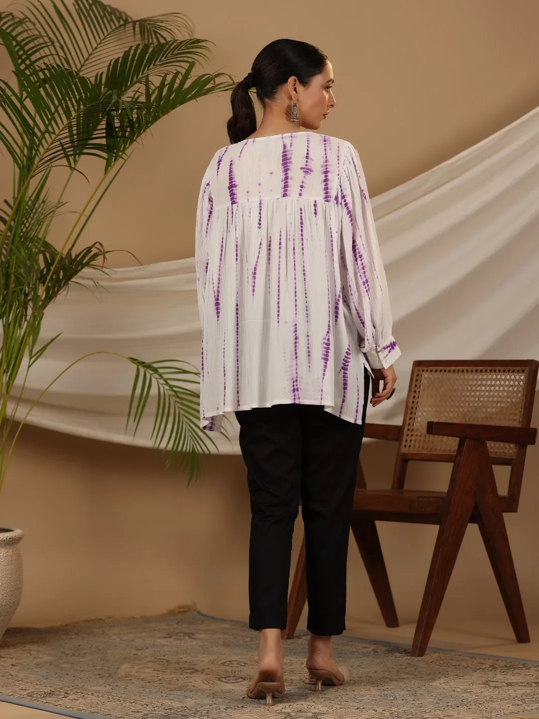 Jashvi Lavender Mirror Embroidered Rayon Crepe Tie-Dye Tunic With Tassels