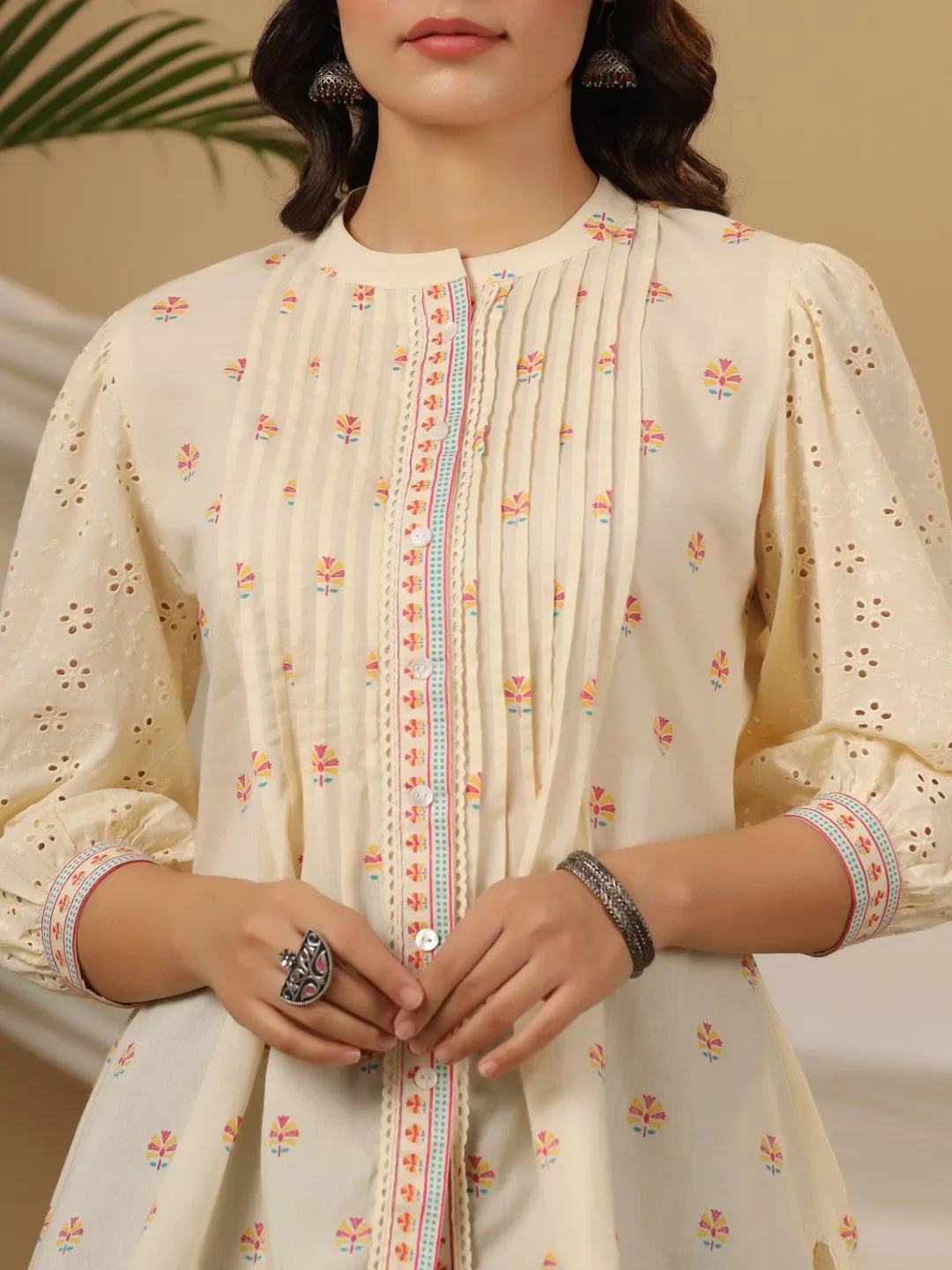 Jashvi Off-white Ethnic Motif Printed Pure Cotton Tunic With Lace