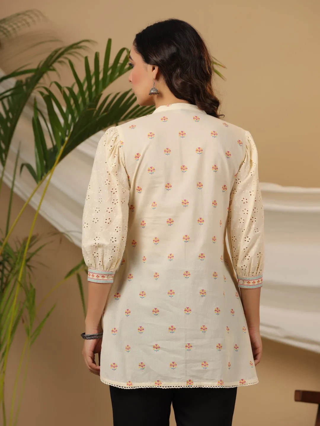 Jashvi Off-white Ethnic Motif Printed Pure Cotton Tunic With Lace