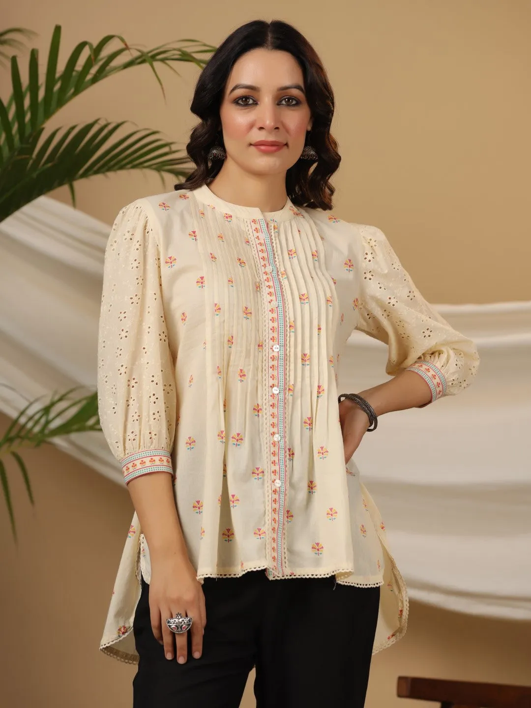 Jashvi Off-white Ethnic Motif Printed Pure Cotton Tunic With Lace