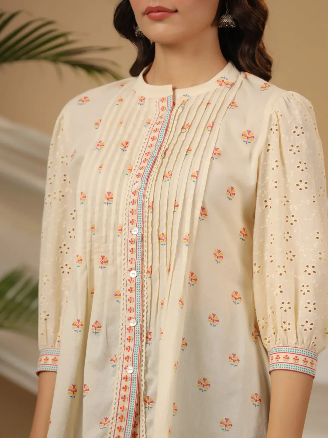 Jashvi Off-white Ethnic Motif Printed Pure Cotton Tunic With Lace