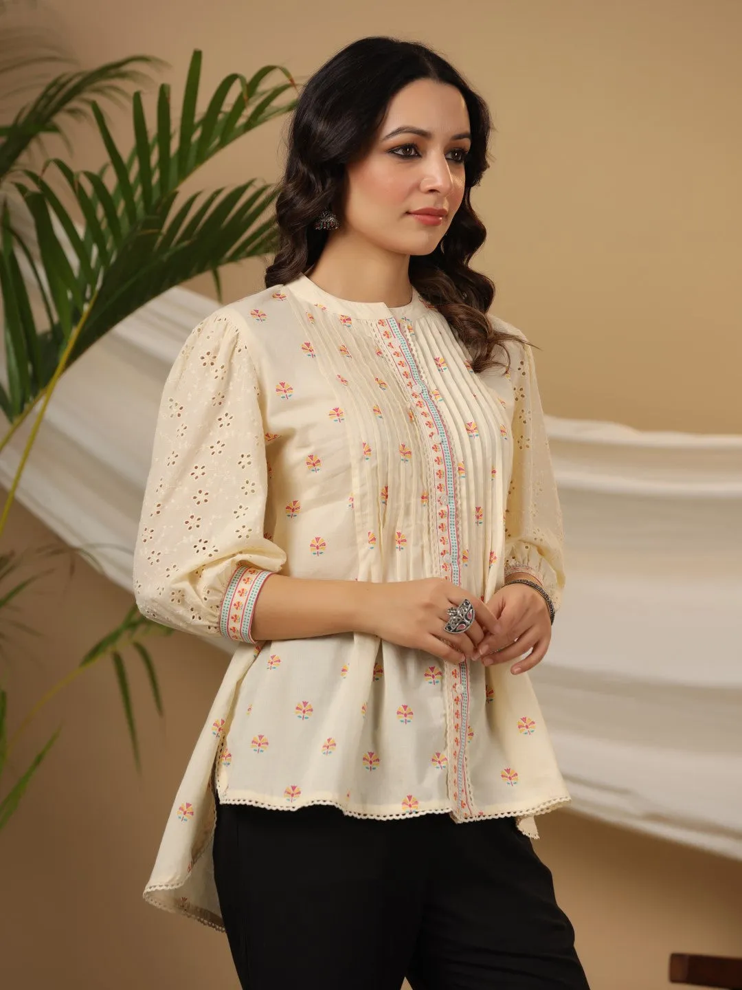 Jashvi Off-white Ethnic Motif Printed Pure Cotton Tunic With Lace