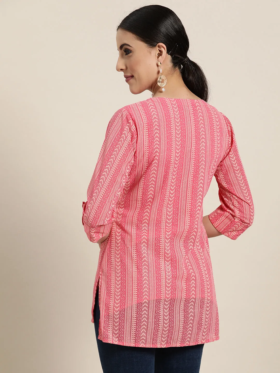 Jashvi Pink Ethnic Motif Printed Georgette High-Low Tunic.