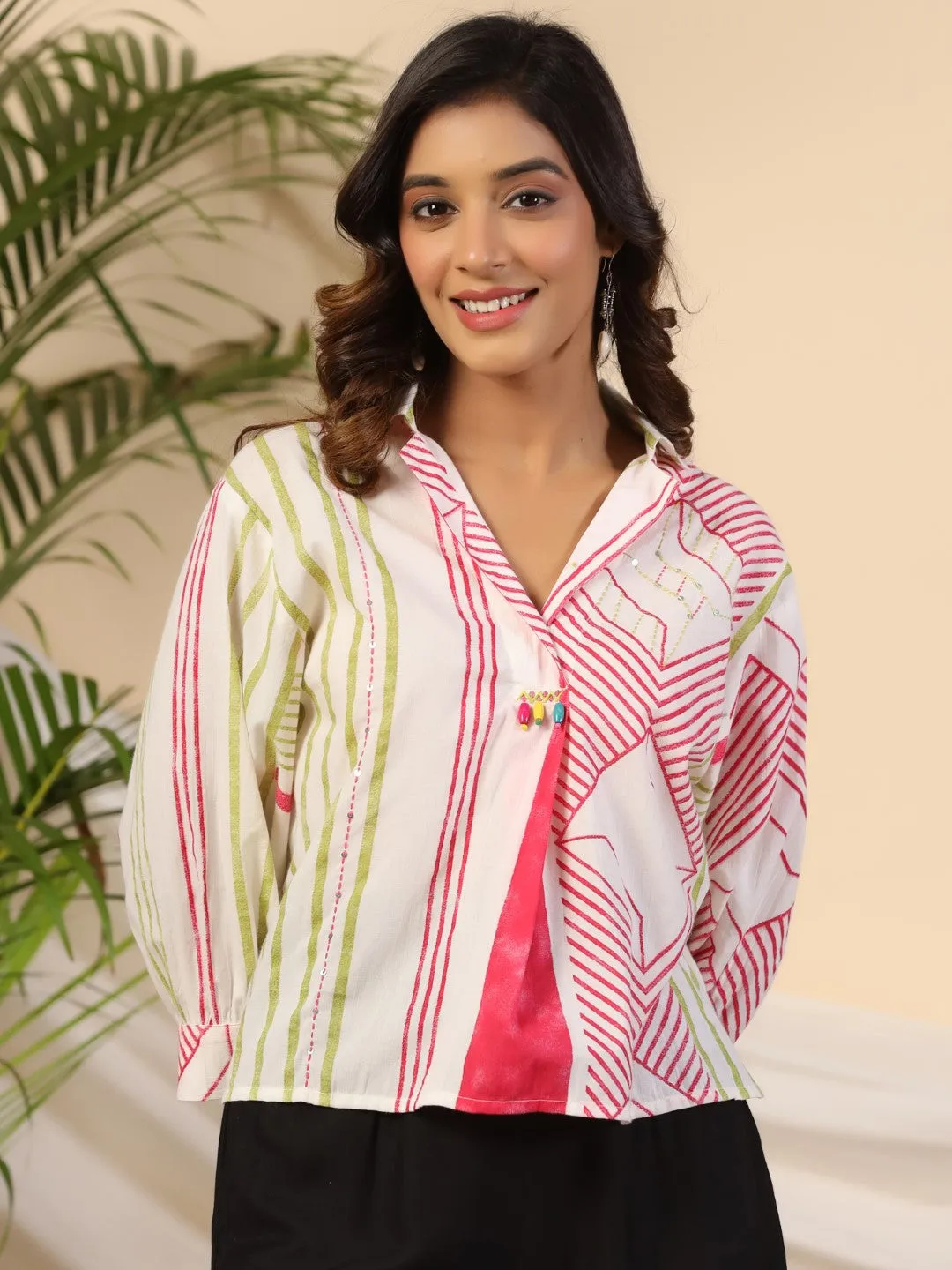 Jashvi Pleated Off-White High Low Cotton Tunic With Contrast Beads And Sequenced Kantha Work