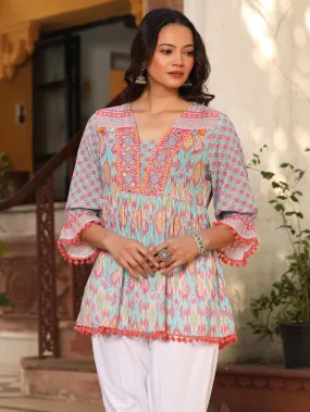 Jashvi Sky Blue Embroidered Cotton Voile Peplum Tunic