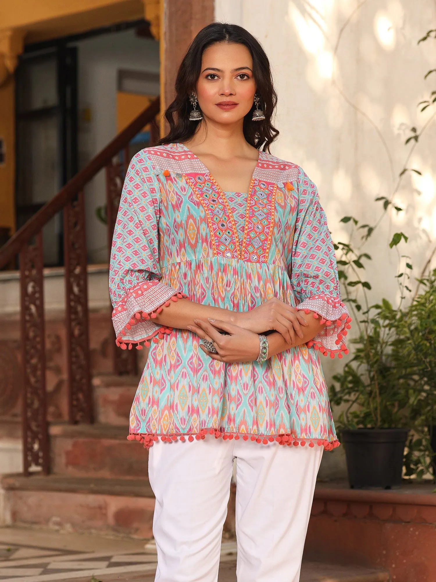 Jashvi Sky Blue Embroidered Cotton Voile Peplum Tunic