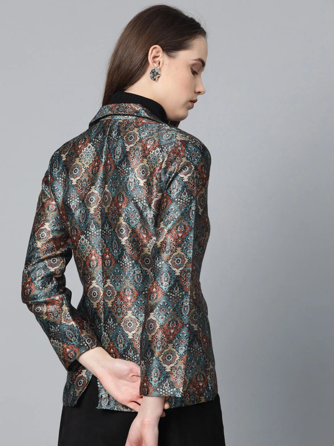 Jashvi Women Blue & Maroon Satin Finish Printed Single-Breasted Blazer