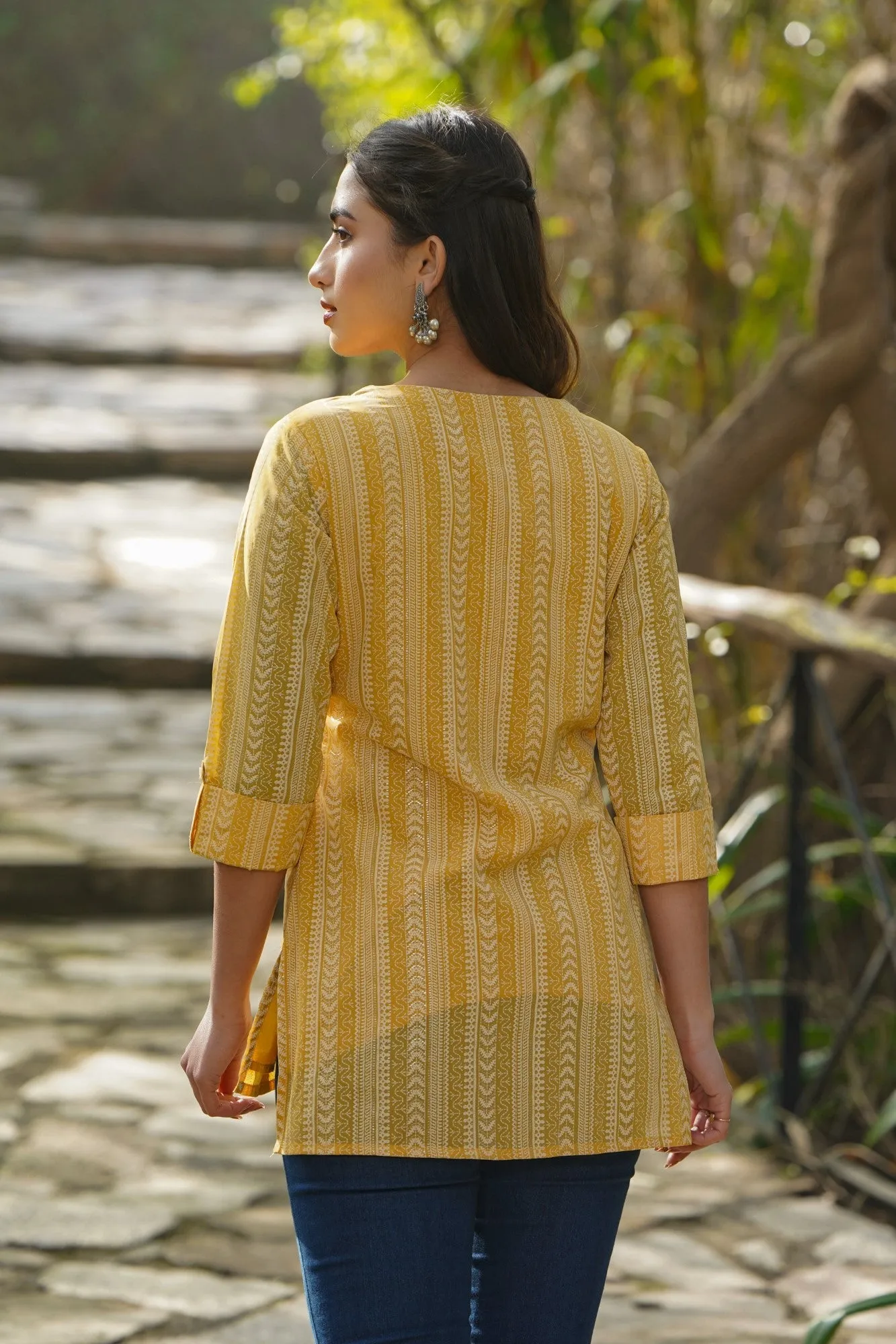 Jashvi Yellow Ethnic Motif Printed Georgette High-Low Tunic.