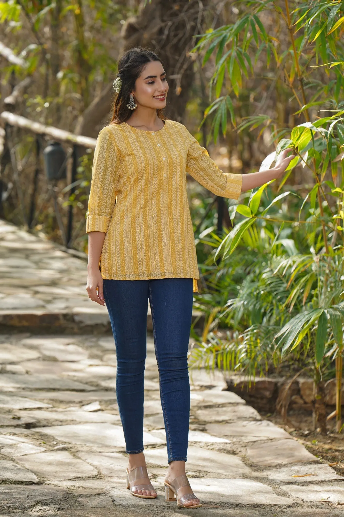 Jashvi Yellow Ethnic Motif Printed Georgette High-Low Tunic.