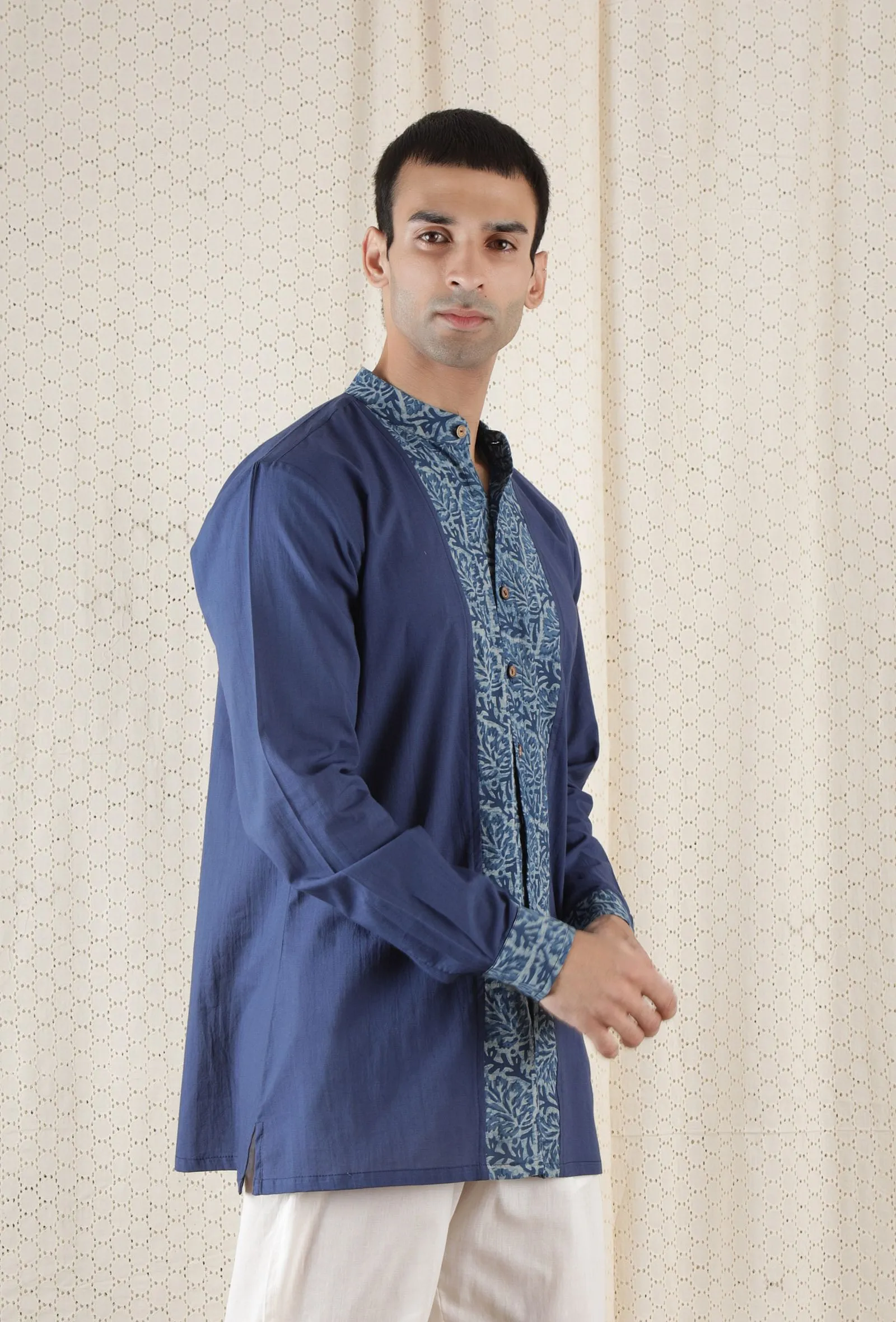 Jayvee Front Open Cotton Indigo Short Kurta