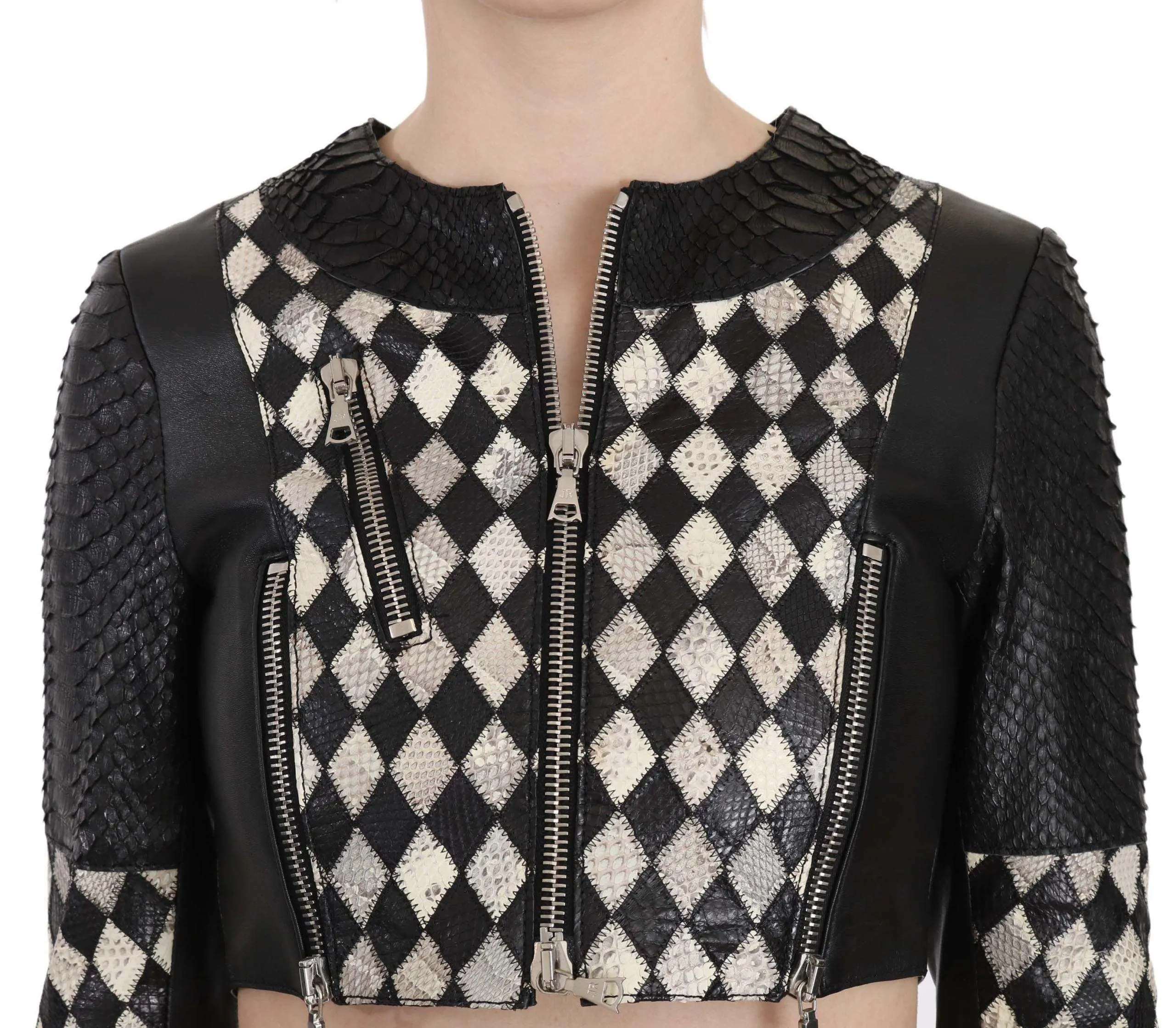 John Richmond Black White Leather Short Cropped Biker Jacket Coat