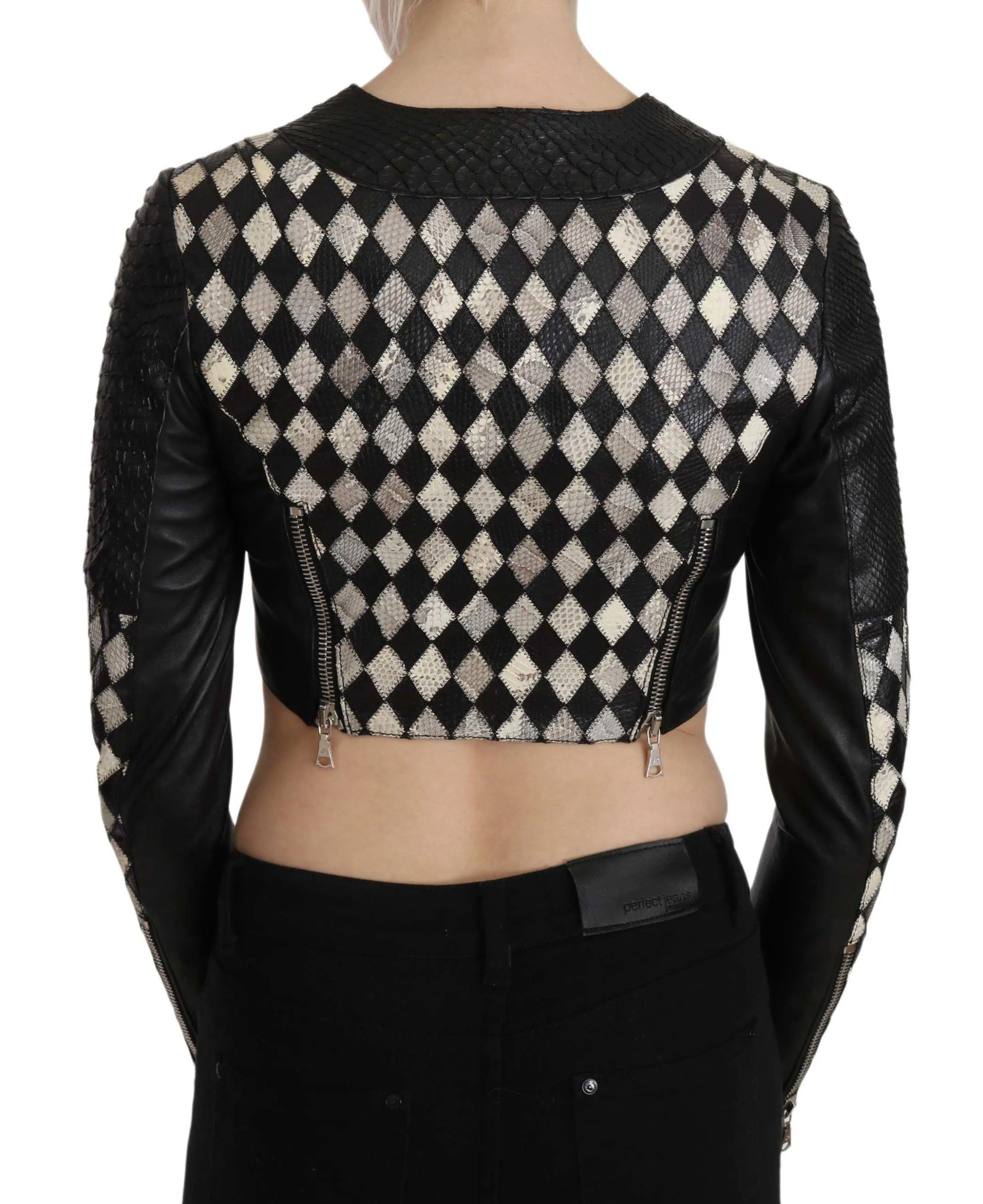 John Richmond Black White Leather Short Cropped Biker Jacket Coat