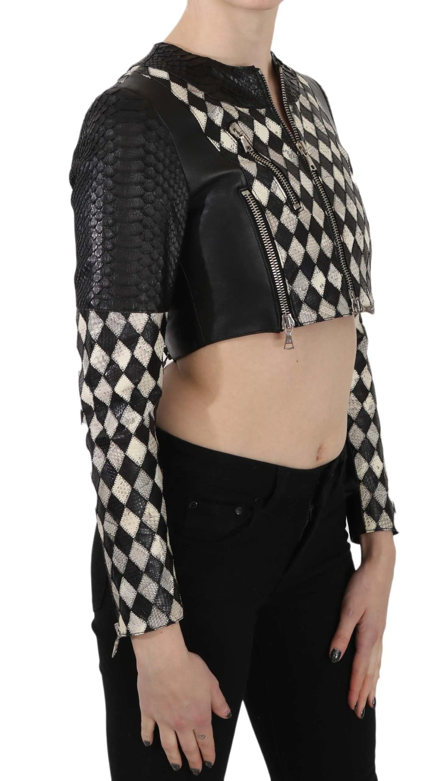 John Richmond Black White Leather Short Cropped Biker Jacket Coat