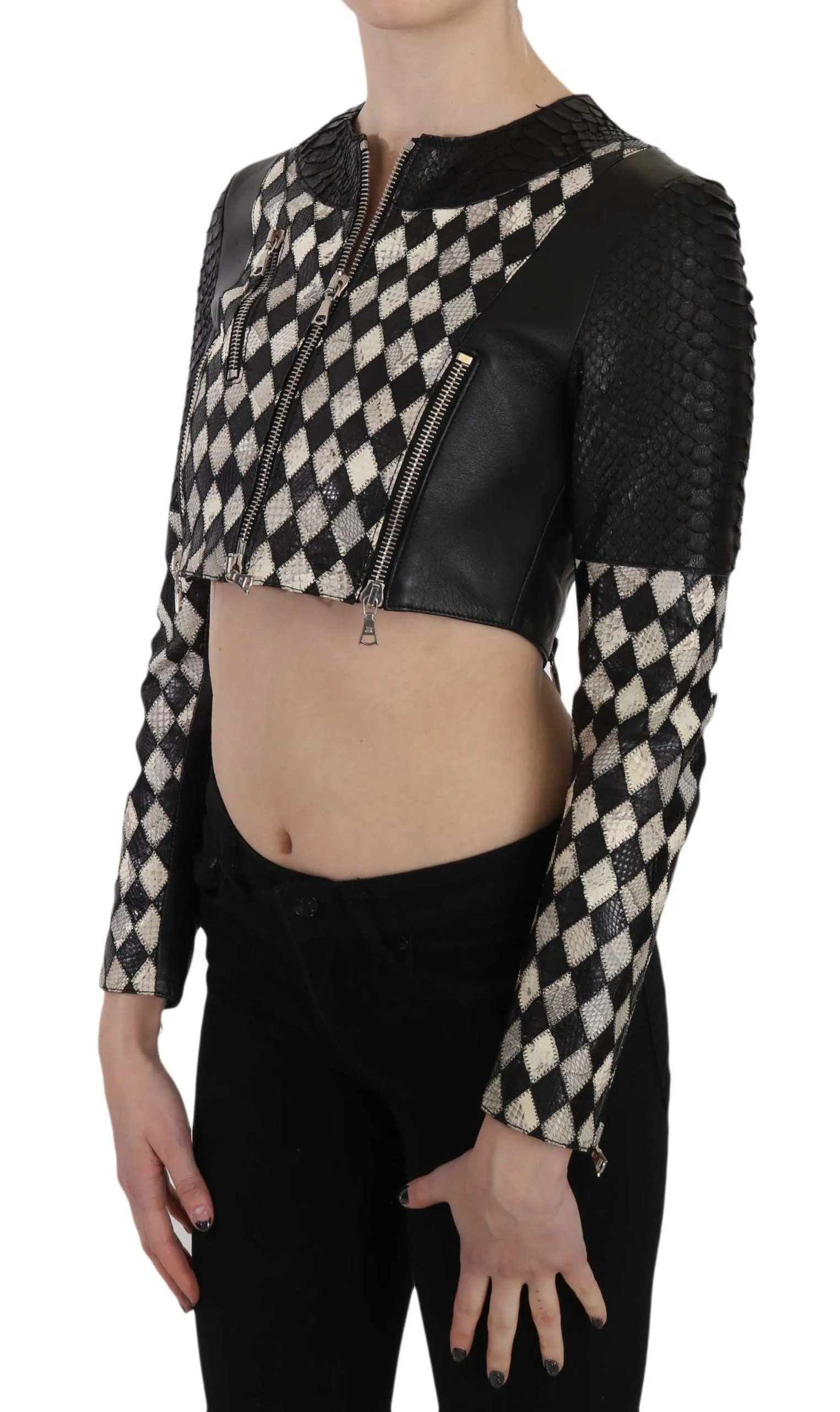 John Richmond Black White Leather Short Cropped Biker Jacket Coat