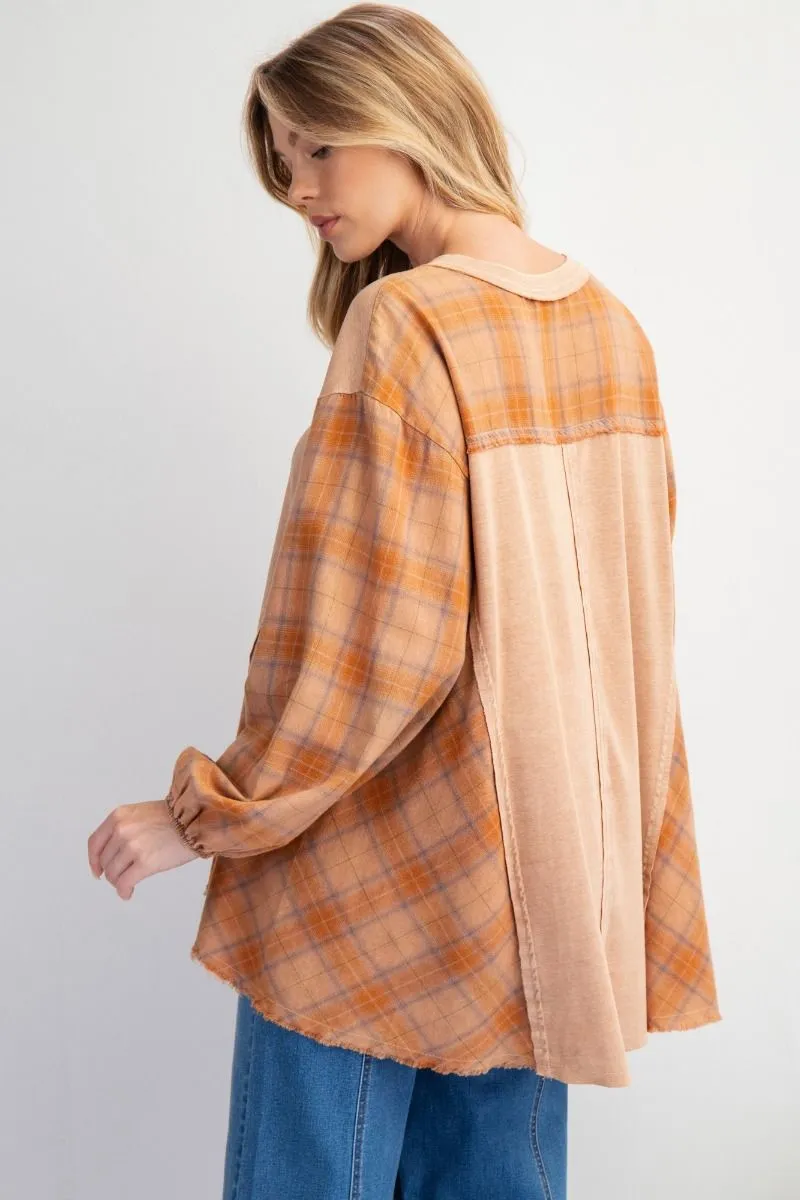 Joni Plaid Jersey Top - Camel