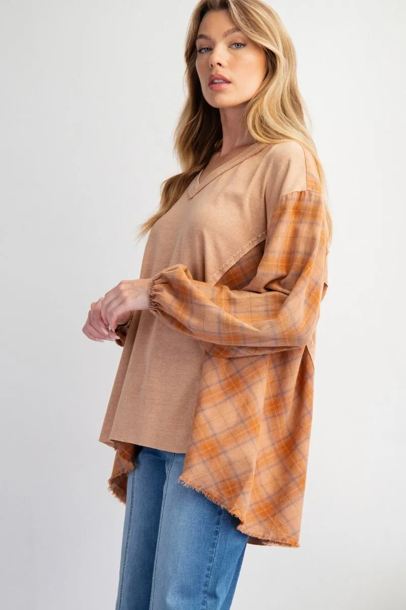 Joni Plaid Jersey Top - Camel