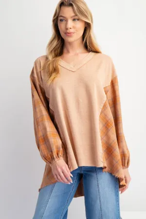 Joni Plaid Jersey Top - Camel