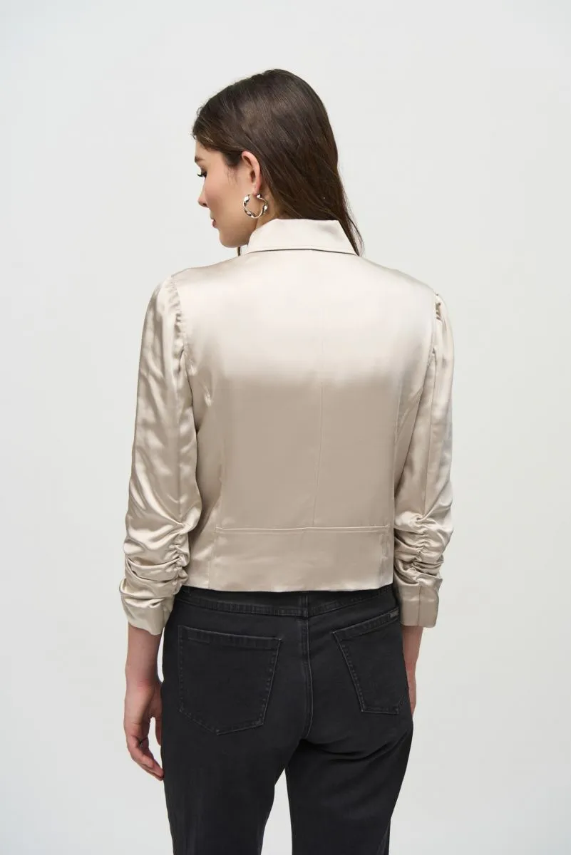 Joseph Ribkoff Moonstone Zip Front Ruched Sleeve Satin Moto Jacket 244903