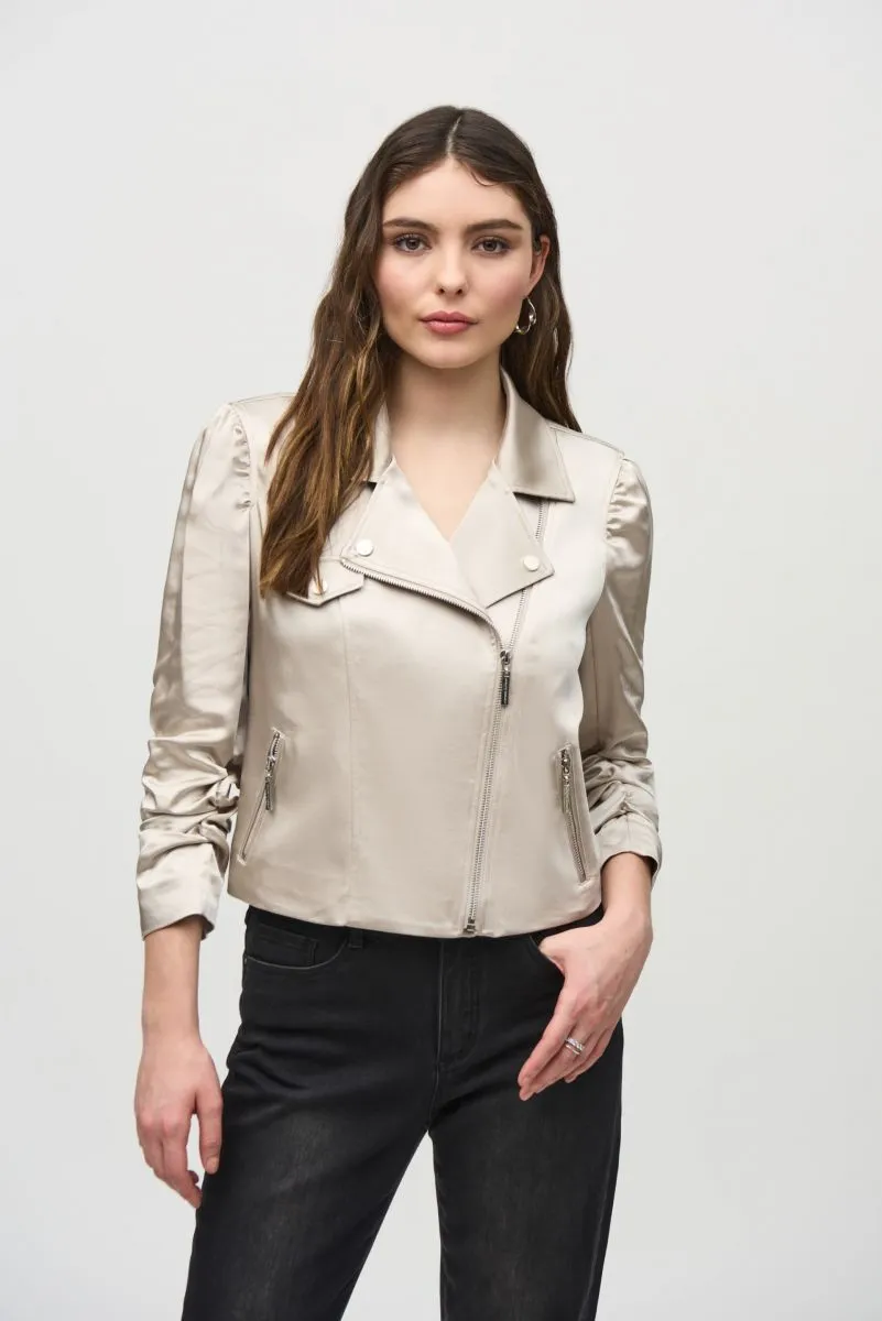 Joseph Ribkoff Moonstone Zip Front Ruched Sleeve Satin Moto Jacket 244903