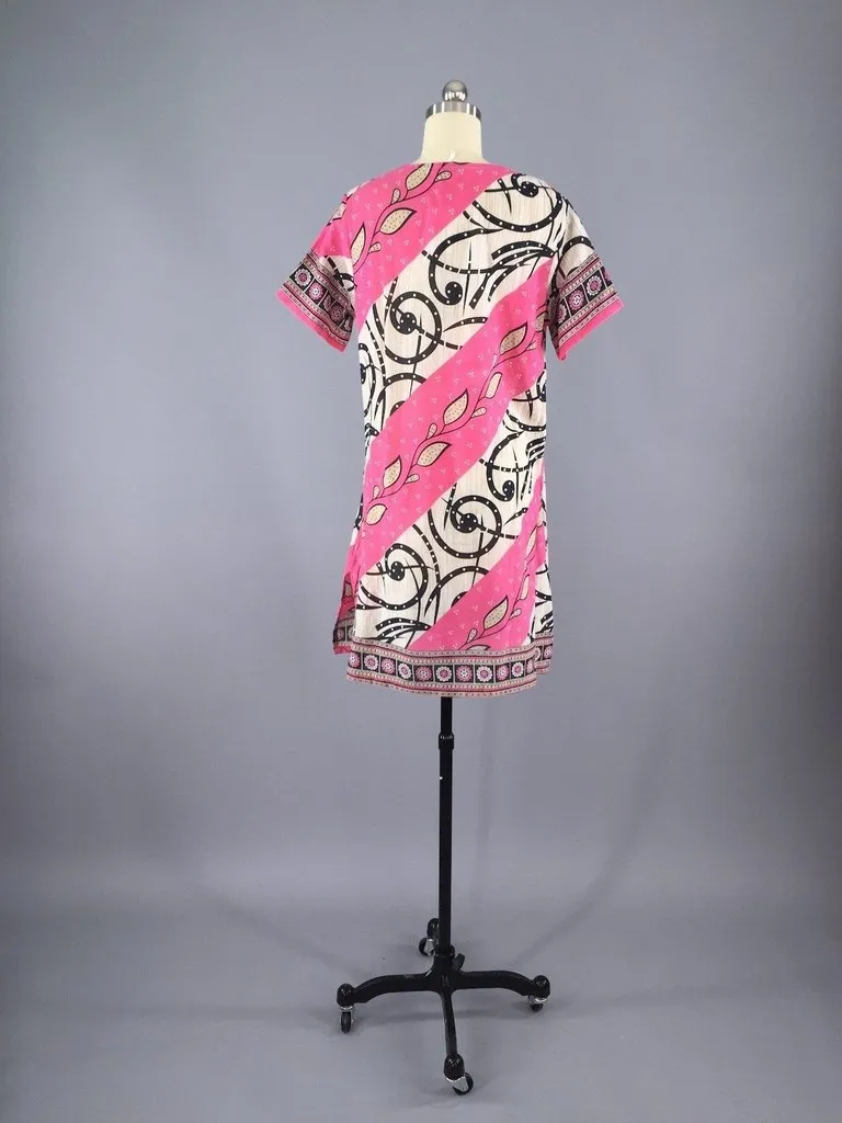 Kaftan Dress / Vintage Indian Cotton Sari / Pink Swim Coverup Tunic