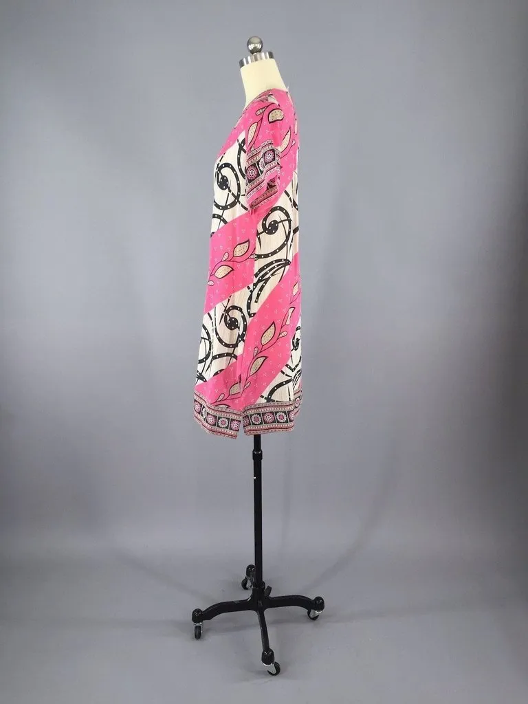 Kaftan Dress / Vintage Indian Cotton Sari / Pink Swim Coverup Tunic