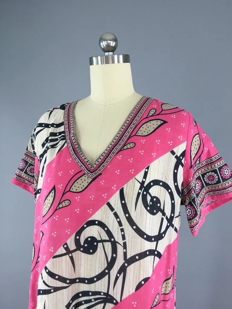 Kaftan Dress / Vintage Indian Cotton Sari / Pink Swim Coverup Tunic