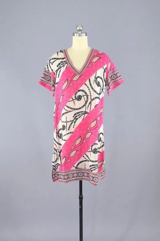 Kaftan Dress / Vintage Indian Cotton Sari / Pink Swim Coverup Tunic