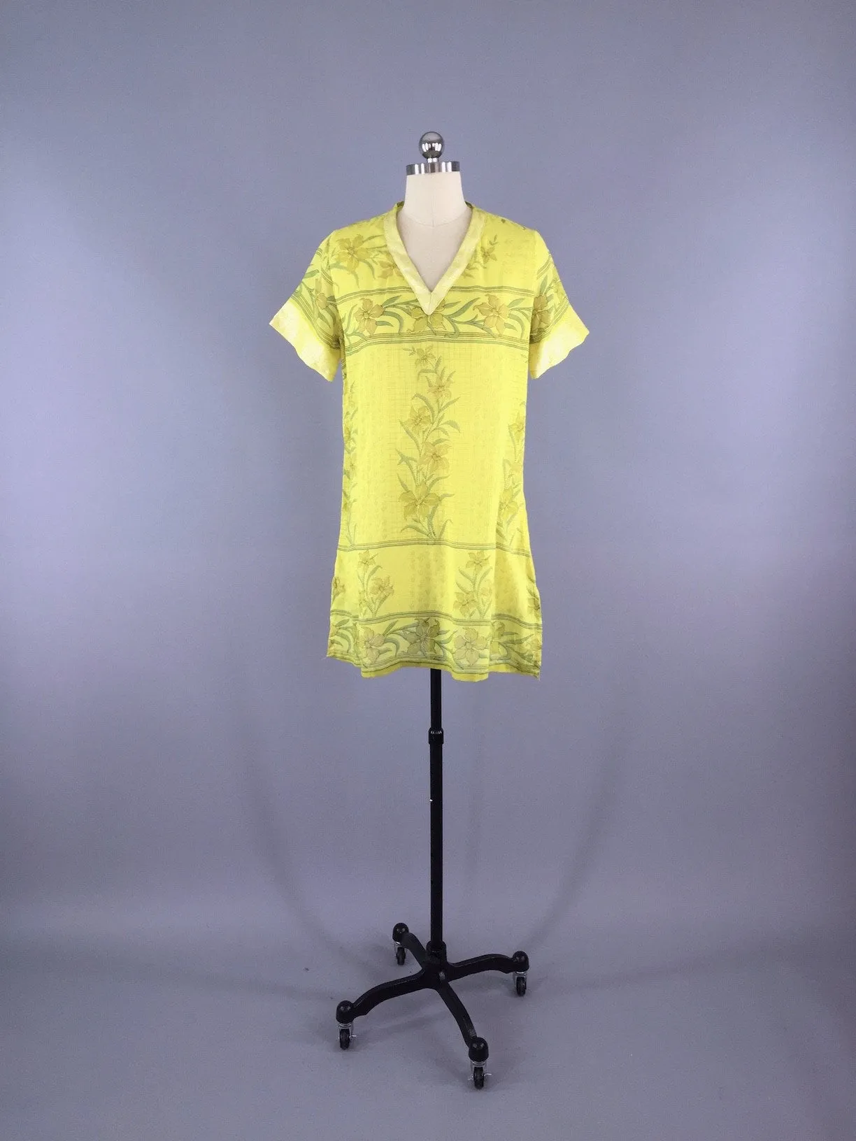 Kaftan Tunic Dress / Vintage Indian Sari / Yellow Floral Print Cotton