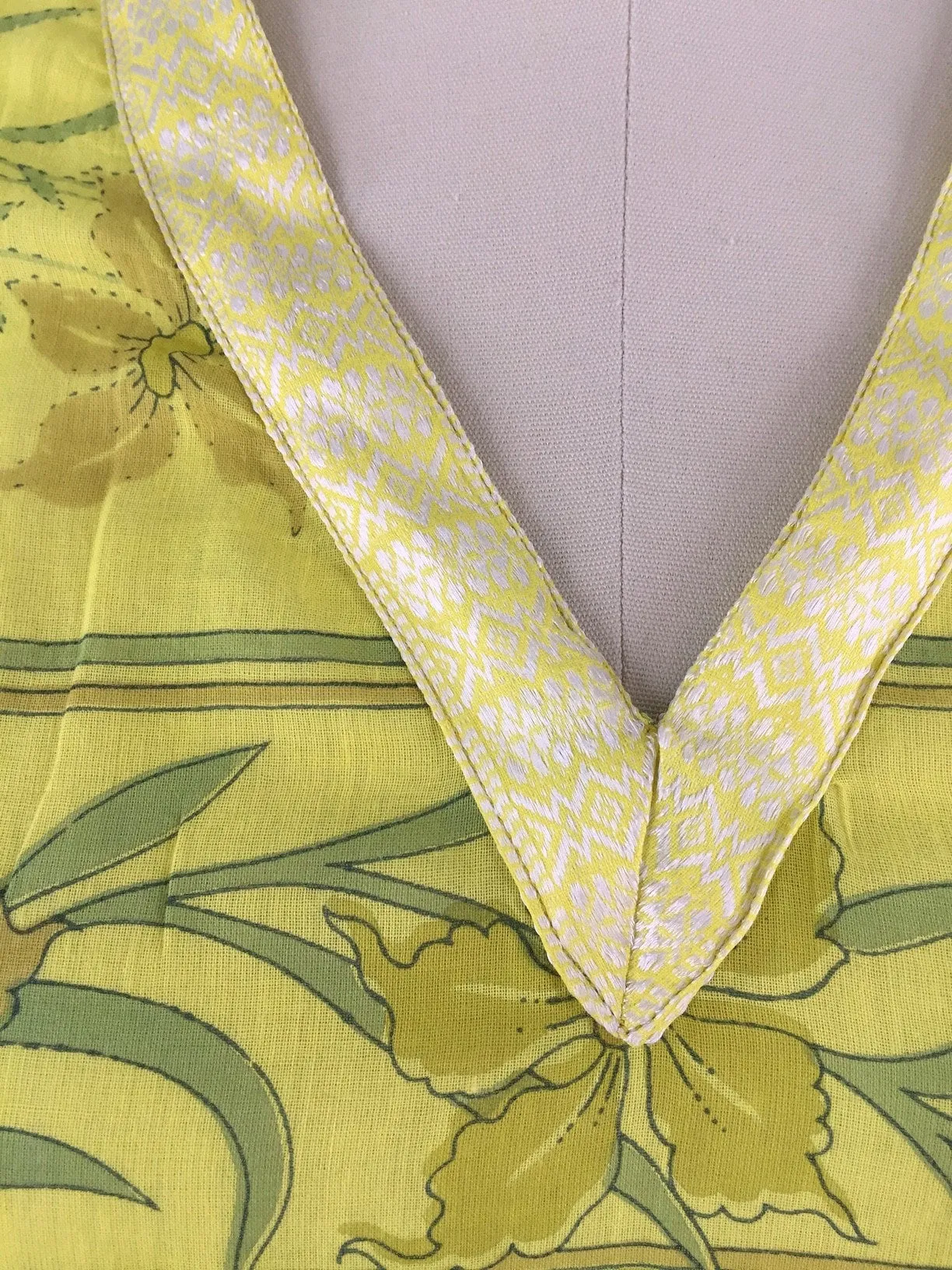 Kaftan Tunic Dress / Vintage Indian Sari / Yellow Floral Print Cotton