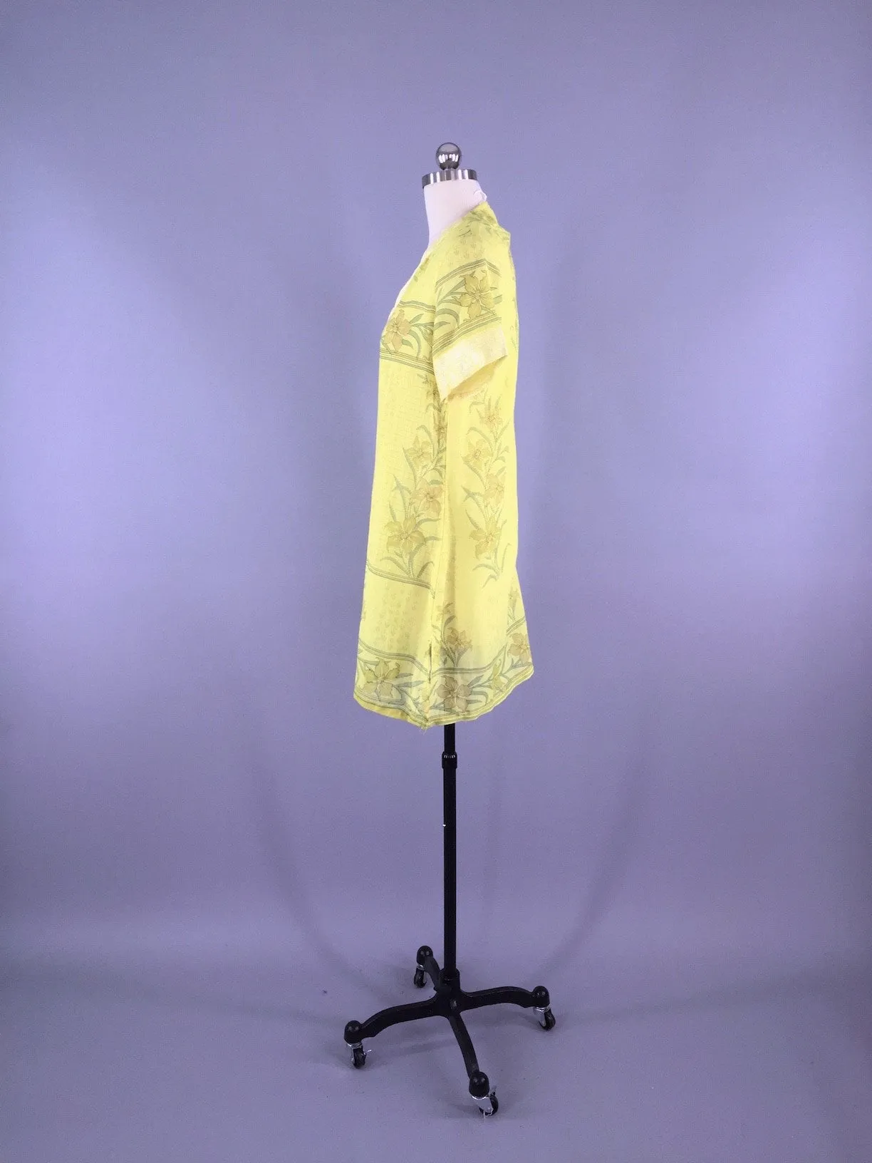 Kaftan Tunic Dress / Vintage Indian Sari / Yellow Floral Print Cotton