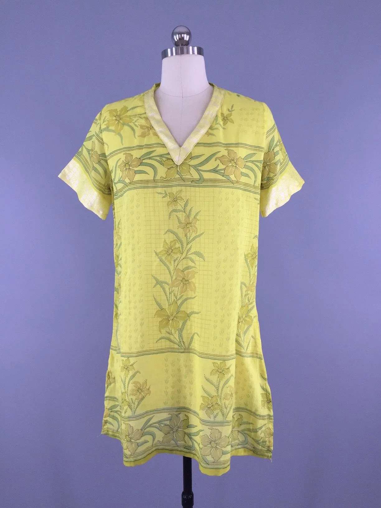 Kaftan Tunic Dress / Vintage Indian Sari / Yellow Floral Print Cotton