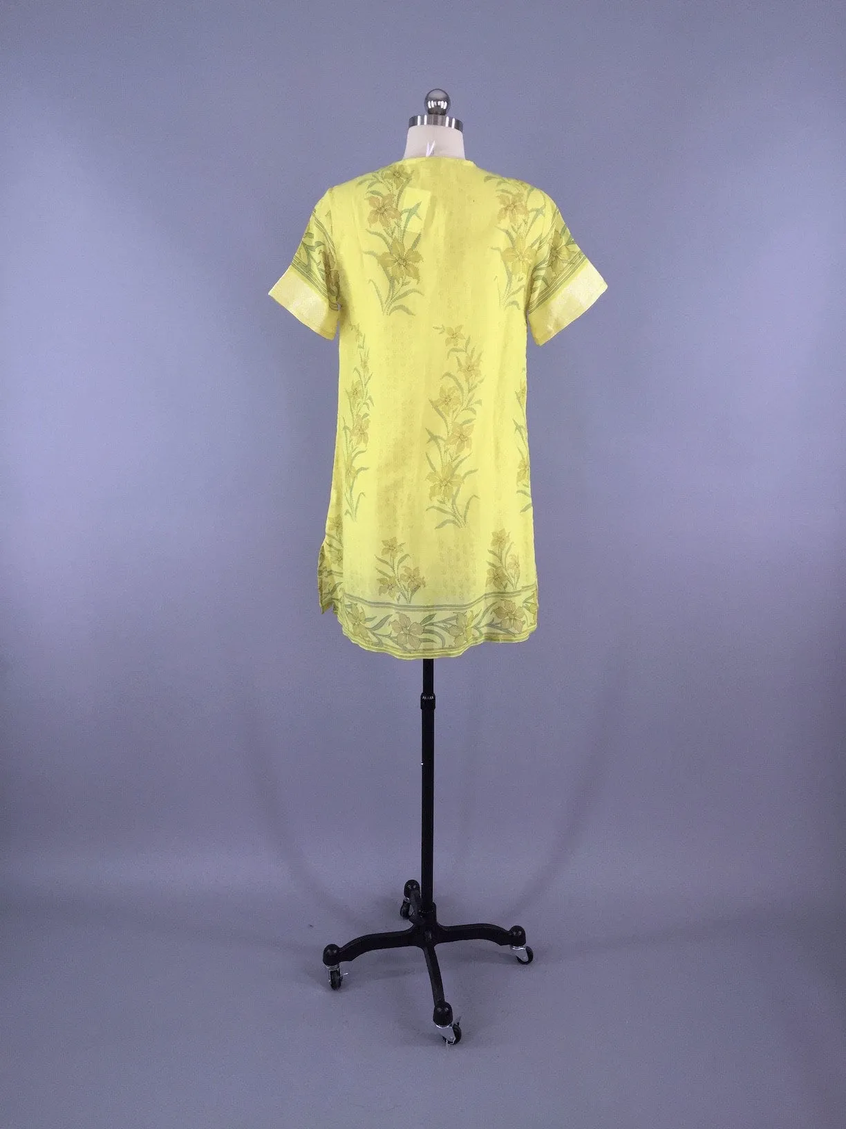 Kaftan Tunic Dress / Vintage Indian Sari / Yellow Floral Print Cotton