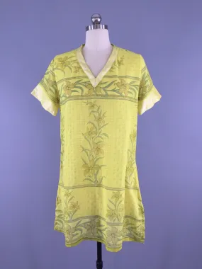 Kaftan Tunic Dress / Vintage Indian Sari / Yellow Floral Print Cotton