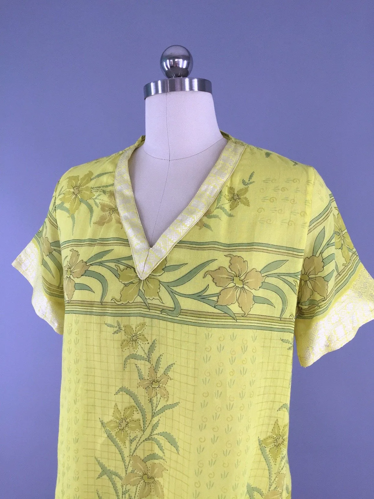 Kaftan Tunic Dress / Vintage Indian Sari / Yellow Floral Print Cotton