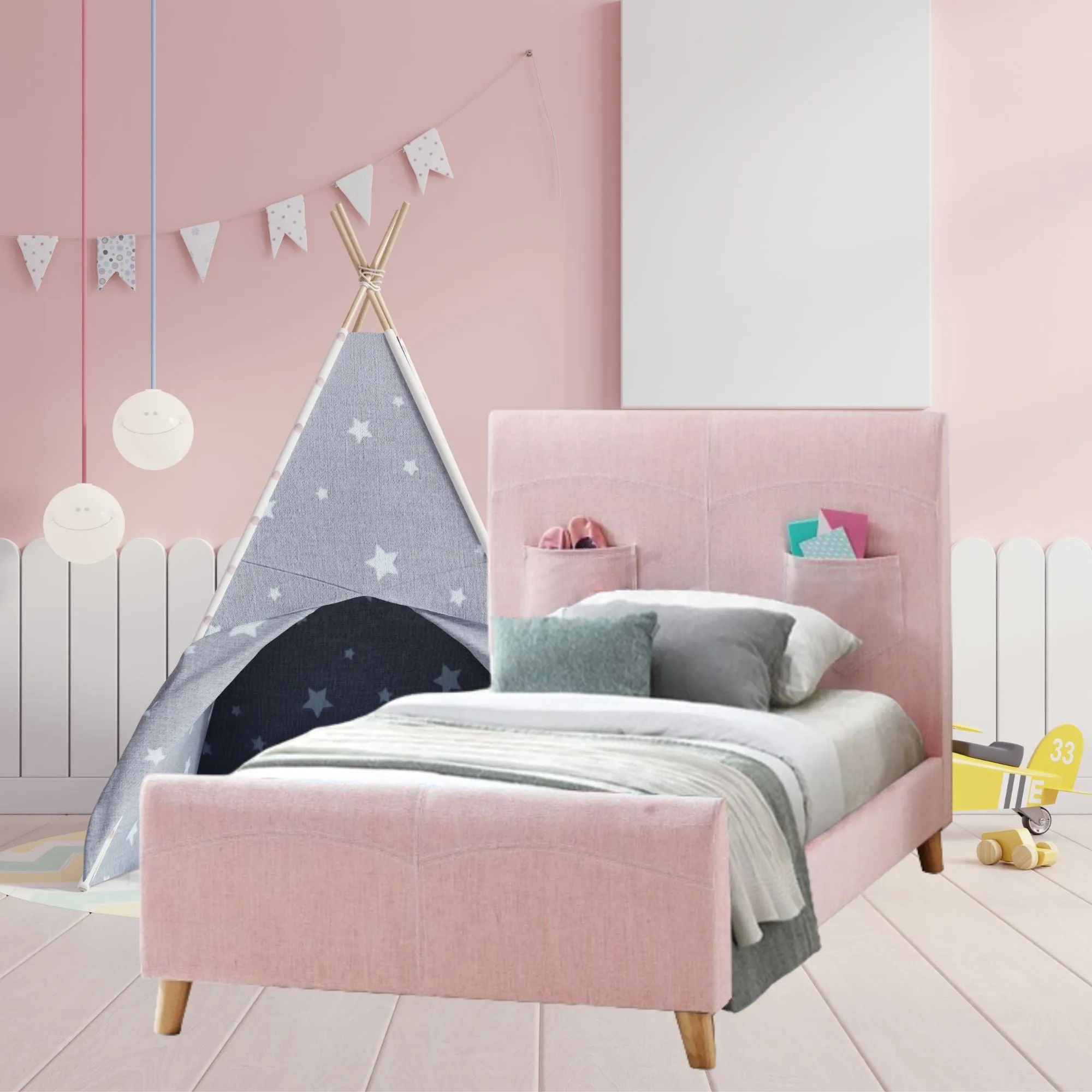 Kids Single Deluxe Fabric Upholstered Bed - Pink