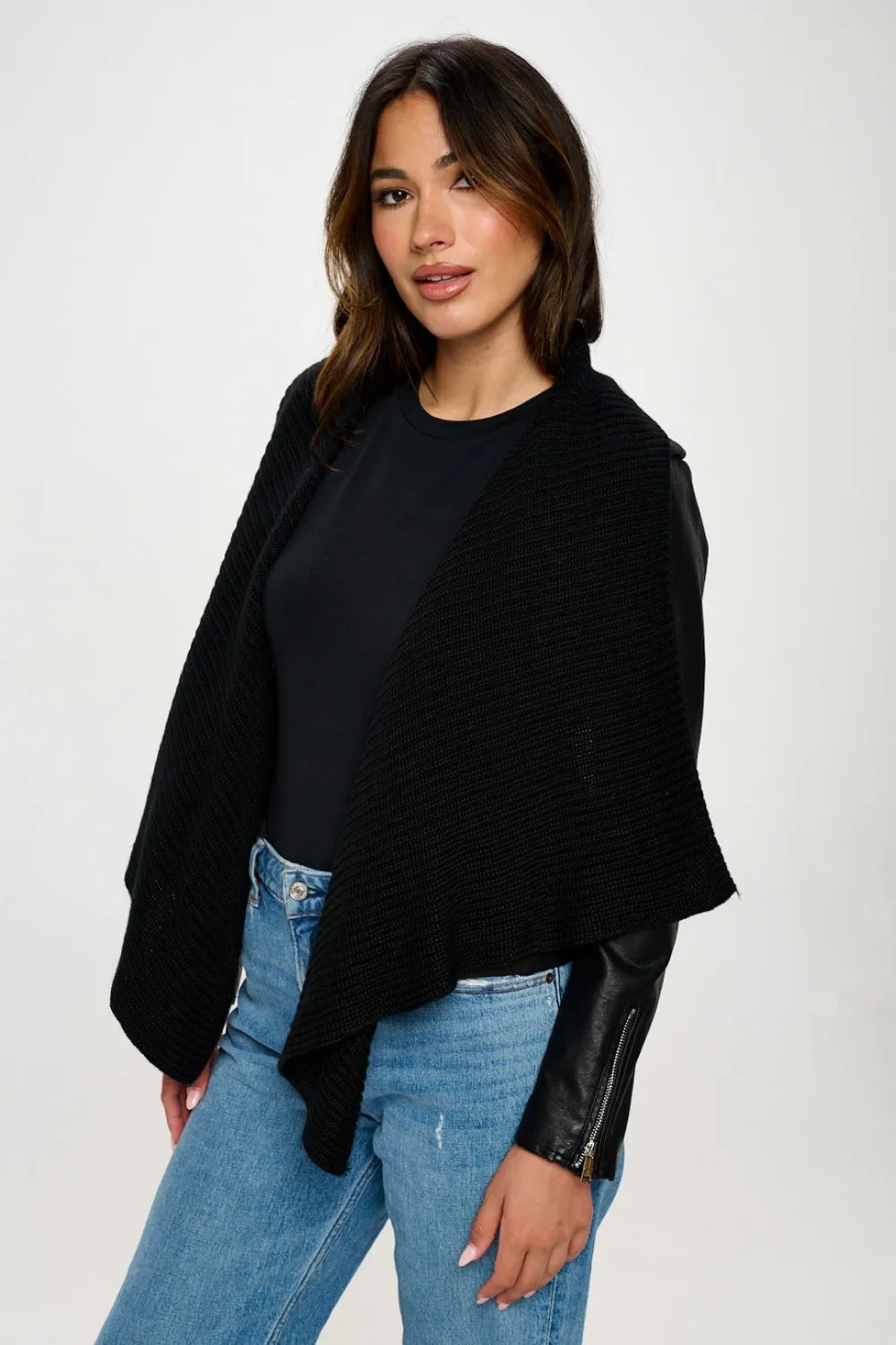 Knit Collared Faux Leather Crop Jacket