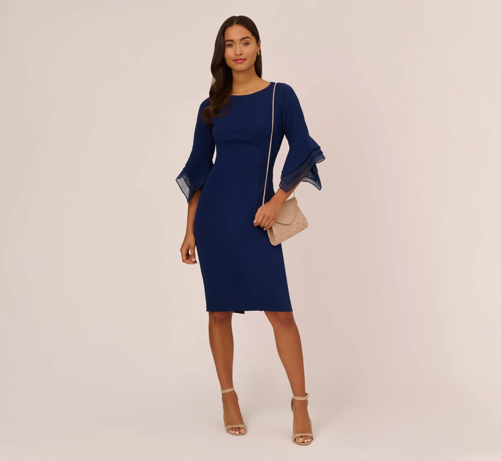 Knit Crepe Sheath Dress With Tiered Three Quarter Sleeves In Navy Sateen