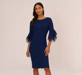 Knit Crepe Sheath Dress With Tiered Three Quarter Sleeves In Navy Sateen