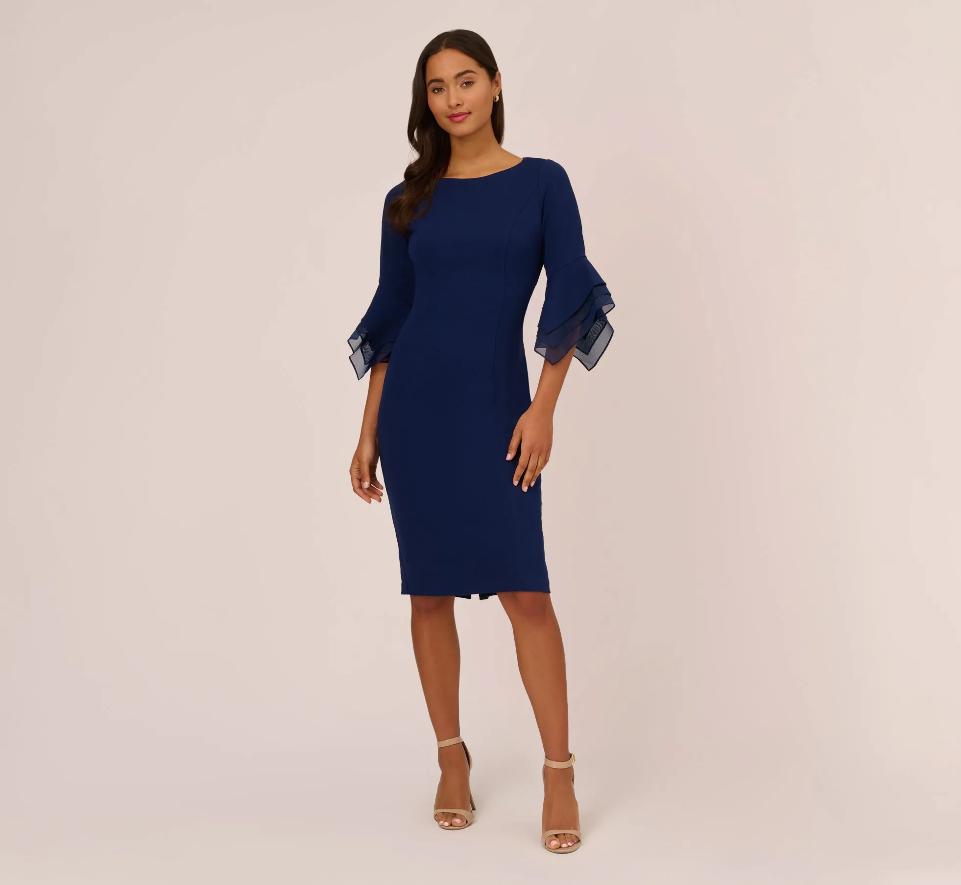 Knit Crepe Sheath Dress With Tiered Three Quarter Sleeves In Navy Sateen