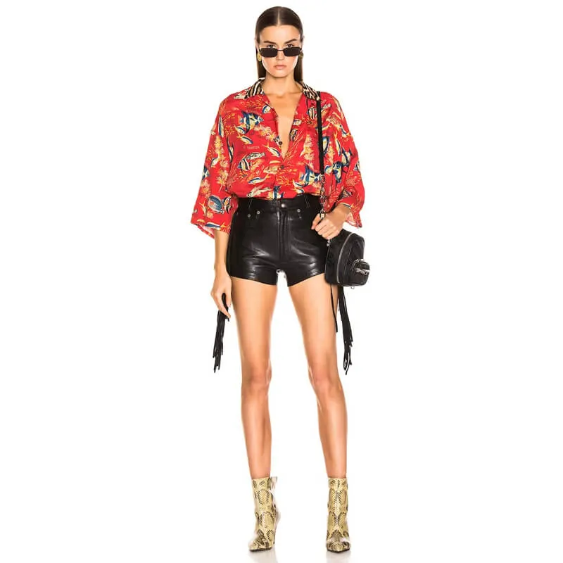 Lambskin Leather Mini Cropped Biker Shorts with Side Fringe for Women